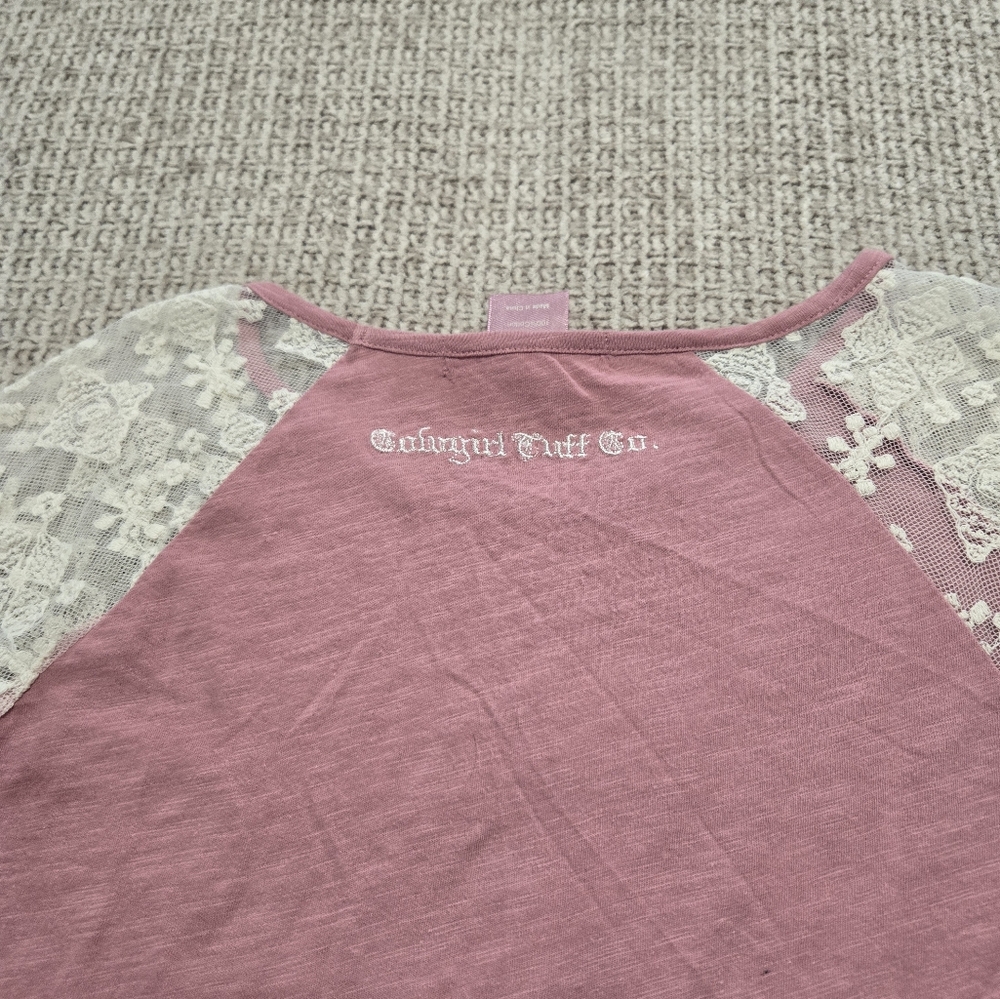 Pink and Cream Long Sleeve Top with Cross Design Lace Sleeves Size Medium - Picture 3 of 5
